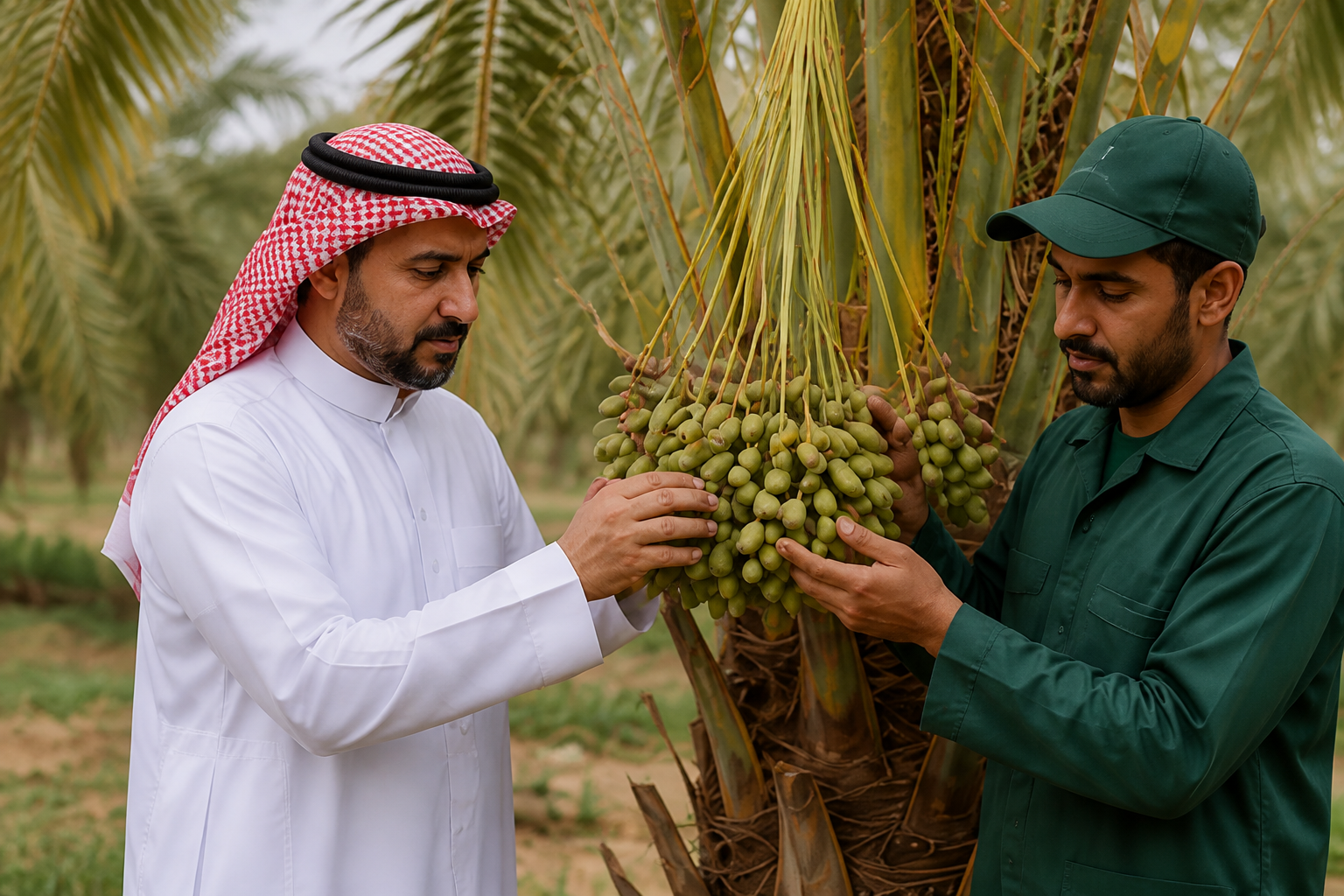 مزارعون يعتنون بالنخلة في بستان